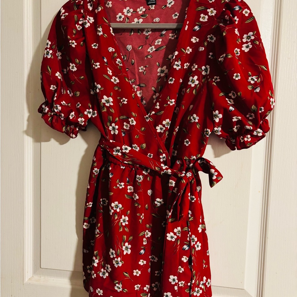 Red Floral Puff sleeve, false wrap tie top